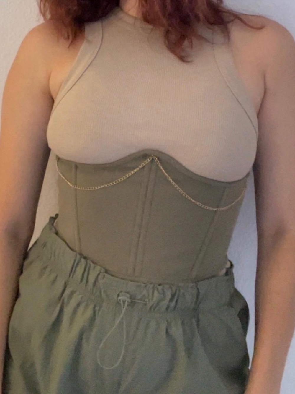 Olive Green Corset Belt Gothic Utility Waist Cincher Chain Detail M